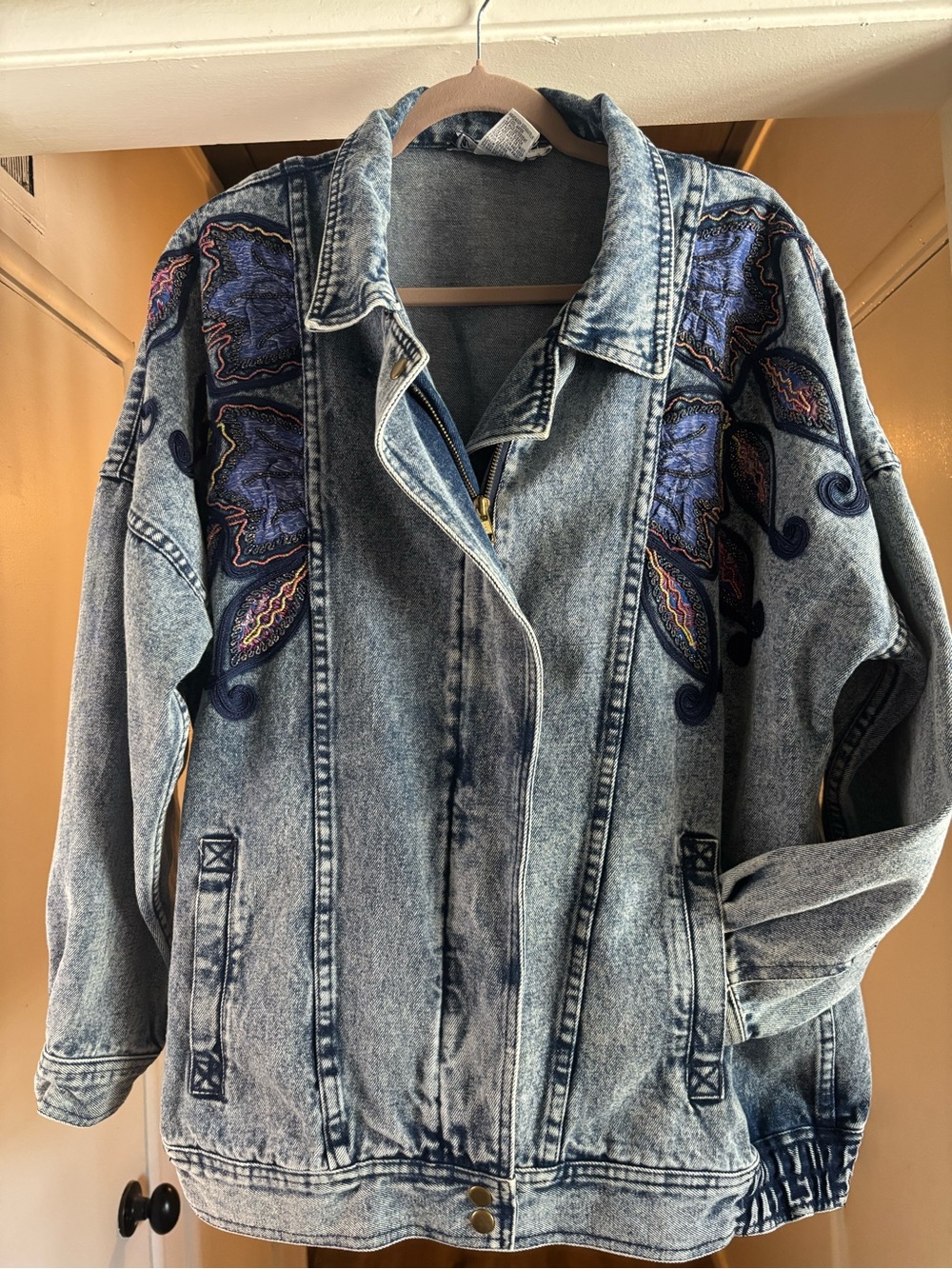 Women's Blue Embroidered Denim Jacket - Casual Oversized Style